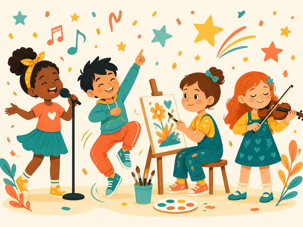 Children singing, dancing, painting, and playing violin